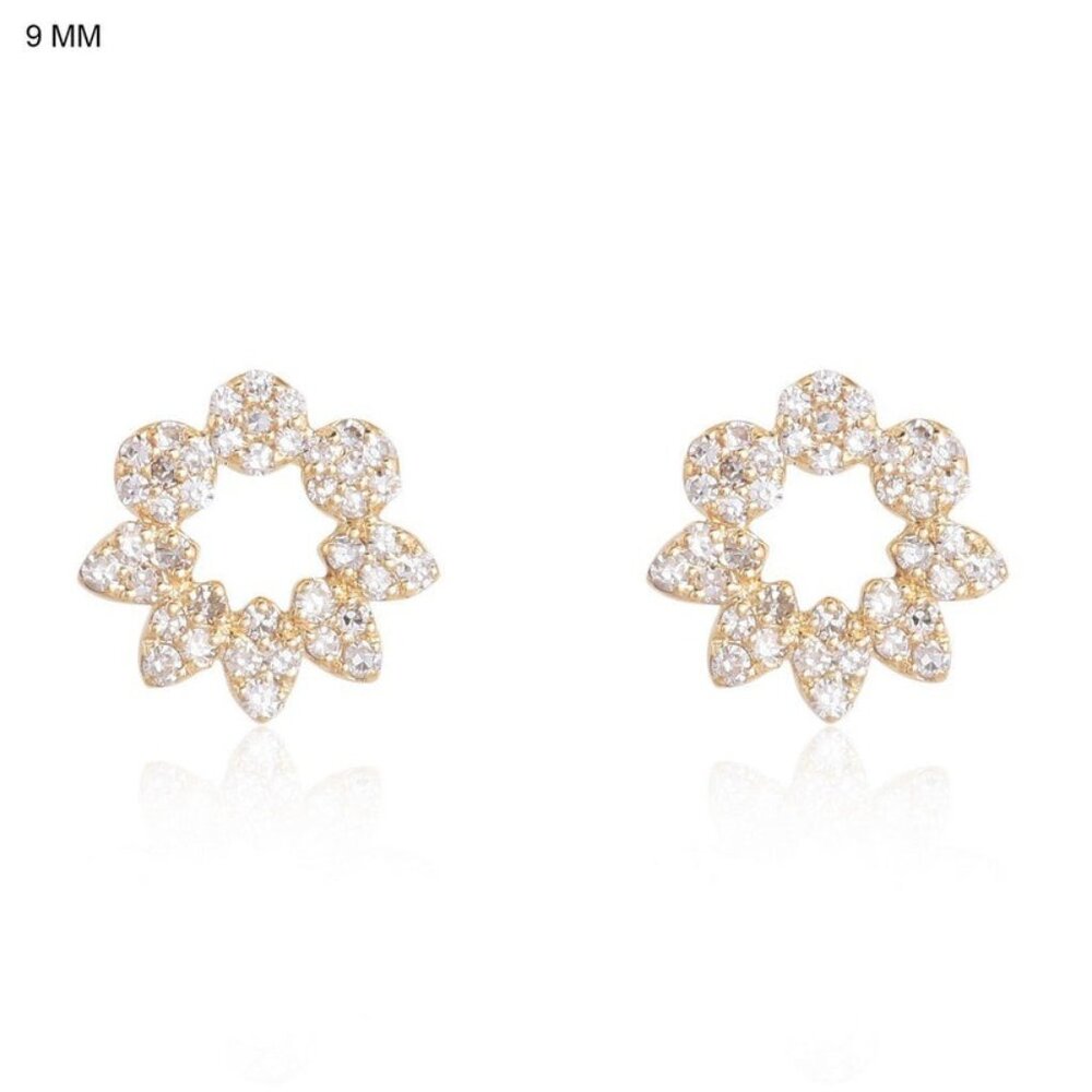 Pave Diamond 14K (or 18k upon request) Yellow Gold Open Floral Stud Earrings